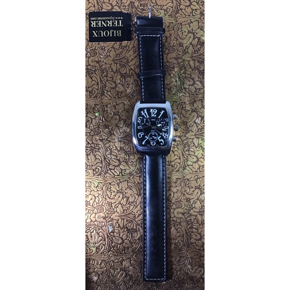 Bijoux Terner Mens Watch Black Leather Strap Silver Tonneau Case K-10266 New